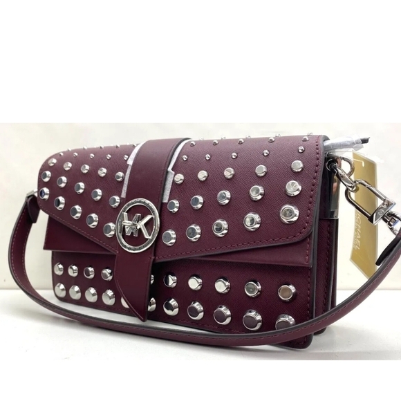 🔹️Michael Kors🔹️ Greenwich Medium MERLOT purple stud Convertible Shoulder bag - Picture 4 of 10